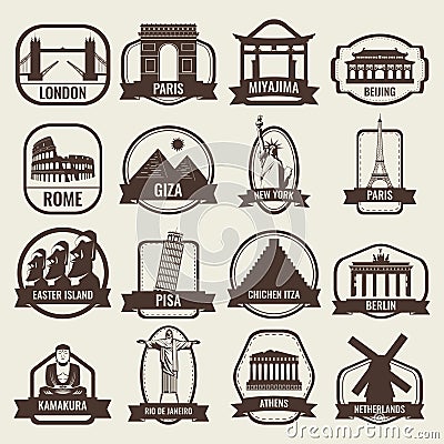 Travel badges and labels. World famous landmarks. Travel and Tourism concept. Vector Vector Illustration