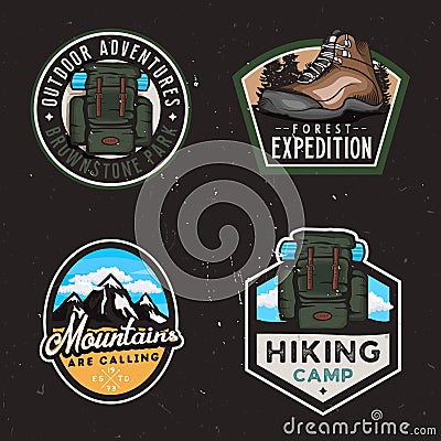 Travel badges and stickers with hike themed design elemets Vector Illustration