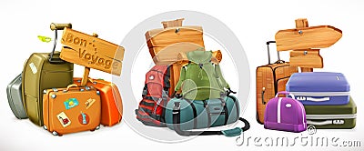 Travel. Bag, backpack, suitcase and wooden sign Vector Illustration