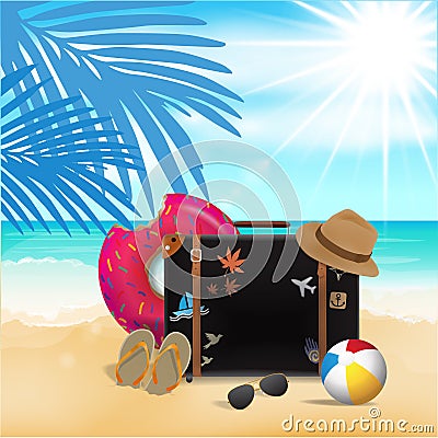 Travel Bag on Beach Background Vector Illustration