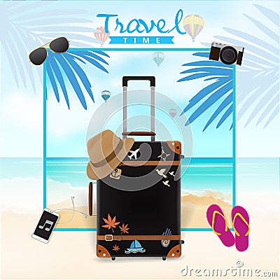 Travel Bag on Beach Background, Travel Time Vector Illustration