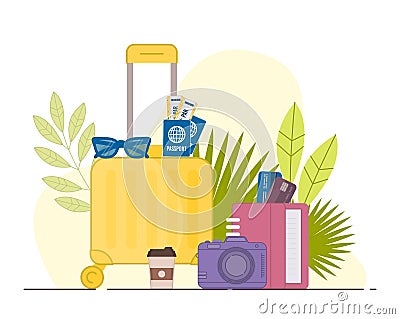 Travel bag with many items vector. Journey suitcase Stock Photo