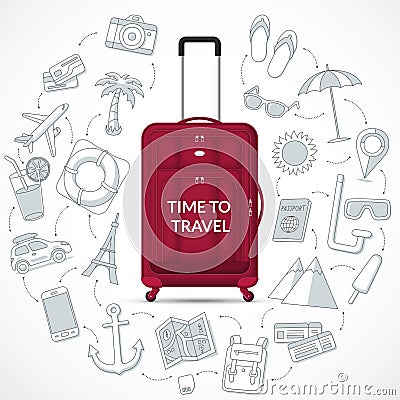 Travel bag with the set of tourism, journey, summer vacation doodle icons. Time to travel concept illustration Vector Illustration