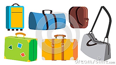 Travel Bag Set Vector. Classic, Retro, Modern, Vintage. Voyage, Summer Trip Icon. Tourism Suitcase. Isolated Cartoon Vector Illustration