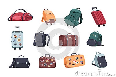 Travel bags. Cartoon knapsack and suitcase. Tourist case with stickers. Camping and hiking rucksack. Journey and adventure baggage Vector Illustration