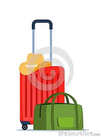 Travel bags composition. Suitcase and backpack. Tourist case, journey and adventure baggage. Travelers luggage. Vector Vector Illustration