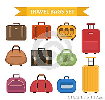 Travel bags icon set, flat style, isolated on a white background. Collection different suitcases, luggage. Vector Vector Illustration