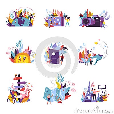 Travel bags and luggage, camera and people vector. Vector Illustration