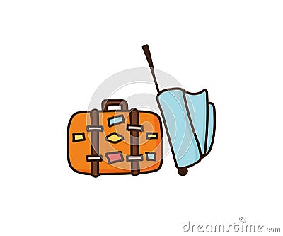 Travel bags ready for vacations. Summer luggage suitcase and leather bag with stickers. Retro style. Vector hand drawn doodle Vector Illustration