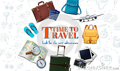 Travel banner. 3d realistic luggage, plane, backpack, map, camera, summer travel tourist concept flyer Vector Illustration