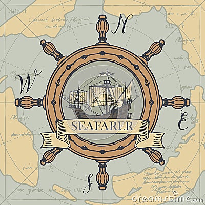 Travel banner with helm, sailing ship and old map Vector Illustration