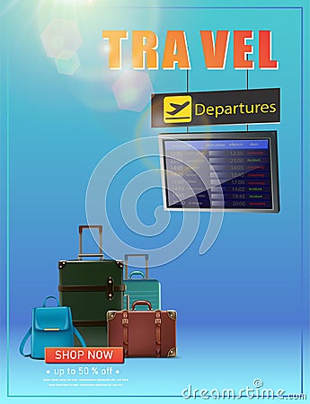 Travel banner. Vector vacation flyer with flight schedule and luggage Vector Illustration