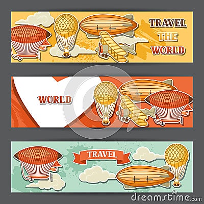 Travel banners with retro air transport. Vintage aerostat airship, blimp and plain in cloudy sky Vector Illustration