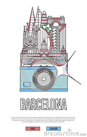 Travel Barcelona poster with camera Vector Illustration