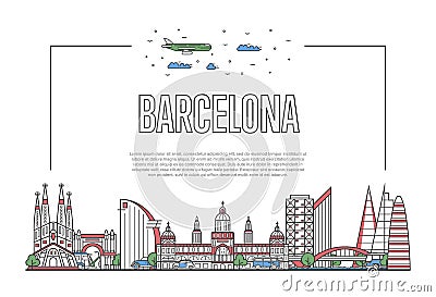 Travel Barcelona poster in linear style Vector Illustration