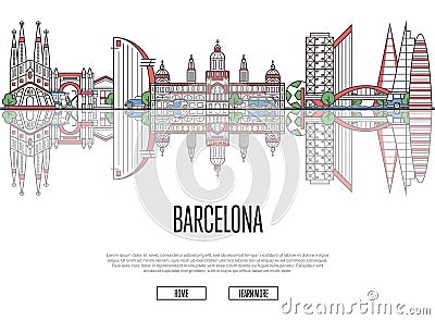 Travel Barcelona poster in linear style Vector Illustration