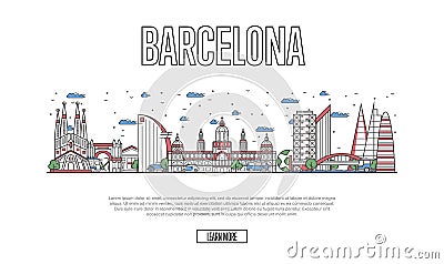 Travel Barcelona poster in linear style Vector Illustration