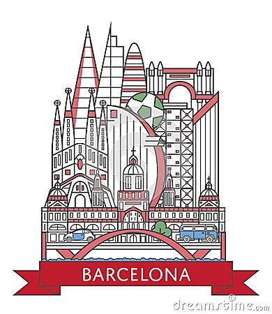 Travel Barcelona poster in linear style Vector Illustration