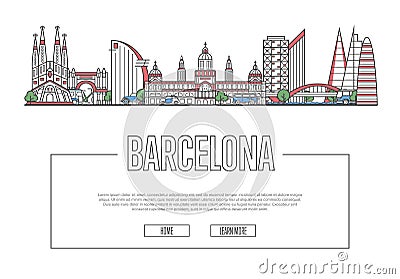 Travel Barcelona poster in linear style Vector Illustration