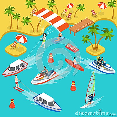 Travel beach resort vacation sea surf flat 3d isometric vector Vector Illustration