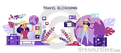 Travel blogger concept. Woman shooting video for blog Vector Illustration