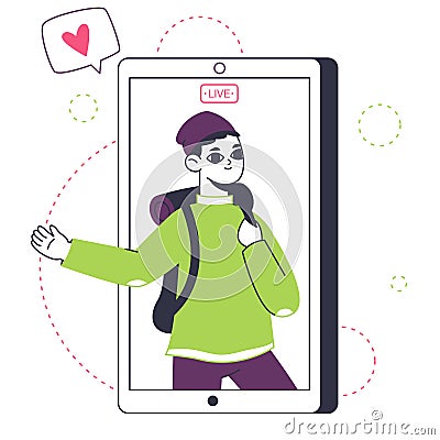 Travel blogger on smartphone screen. Vlogging, online stream, touristic video content author on mobile phone screen vector Vector Illustration