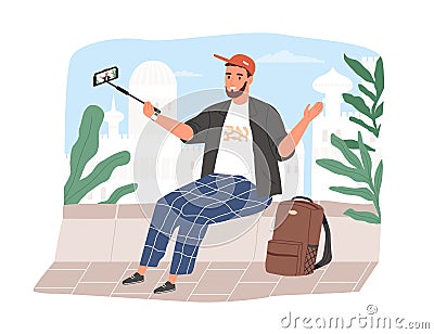 Travel blogger speaking to phone camera on selfie stick for his lifestyle vlog. Vlogger recording video for social media Vector Illustration