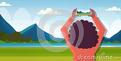 Travel blogger using smartphone camera during hiking woman taking photo or video blogging live streaming wanderlust Vector Illustration