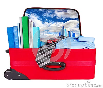 Travel blue business suitcase packed for trip Stock Photo