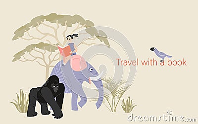 Travel with a book concept. Symbolic illustration on the topic of the benefits of reading with a little girl sitting on an Vector Illustration