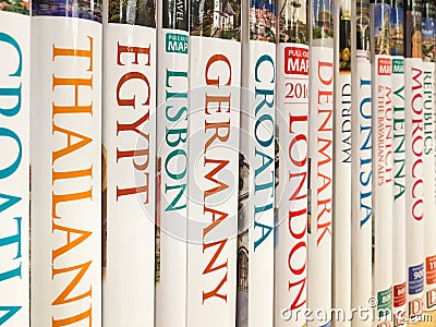 Travel Books For Sale On Library Shelf Editorial Stock Photo