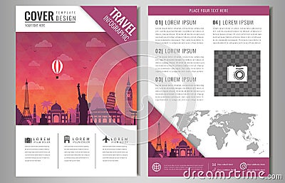Travel brochure design with famous landmarks and world map. Template for Travel and Tourism Business concept. Vector Vector Illustration