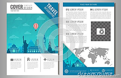 Travel brochure design with famous landmarks and world map. Template for Travel and Tourism Business concept. Vector Vector Illustration