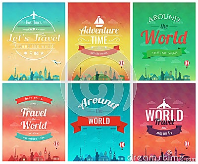 Travel brochure with world landmarks. Template of magazine, poster, book cover, banner, flyer. Vector Vector Illustration