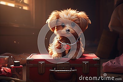 Travel Buddy. Adorable Dog with Suitcase - Ideal for Adventure, Traveling, and Relocation Stock Photo