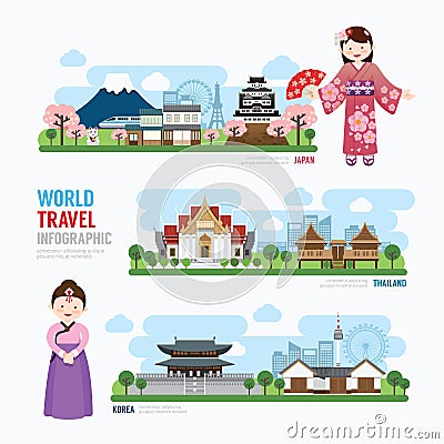 Travel and Building asia Landmark korea, japan, thailand Template Design Infographic. Concept Vector Illustration . Vector Illustration