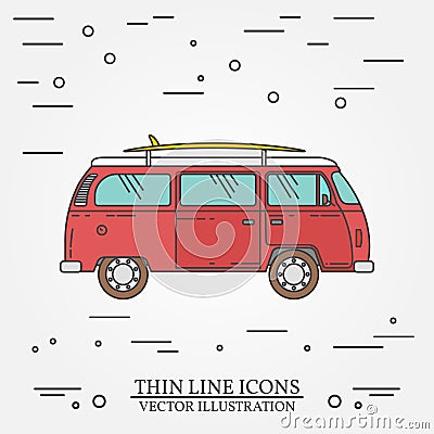 Travel bus family camper with surf board thin line. Traveler truck tourist bus outline icon. RV travel bus grey and white Vector Illustration