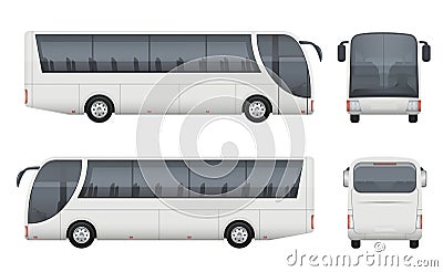 Travel bus realistic. Tourism autobus mockup cargo car front side view vector pictures set isolated Vector Illustration