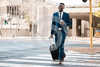 Travel, business and black man with suitcase in city for international conference, global trip and meeting. Corporate Stock Photo