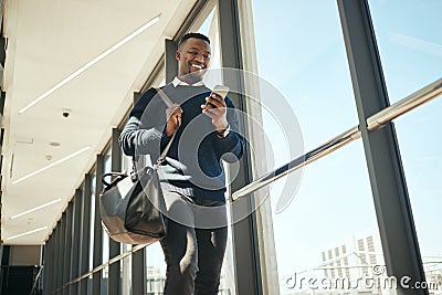 Travel business man getting email or social media notification while walking to work at corporate company. Happy Stock Photo