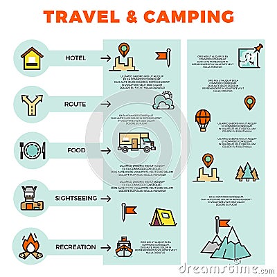 Travel and camping colorful infographic with line icons Vector Illustration