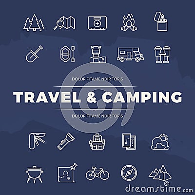 Travel and camping line icons set Vector Illustration