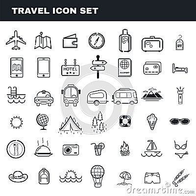 Travel and camping theme flat outline vector icon set Vector Illustration