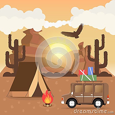 Travel car campsite place landscape. Mountains, desert, cactus, Vector Illustration