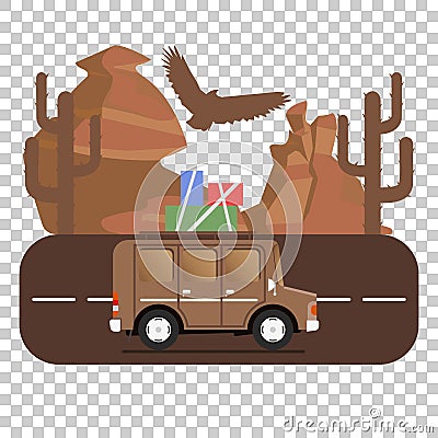 Travel car campsite place landscape. Mountains, desert, cactus, Vector Illustration