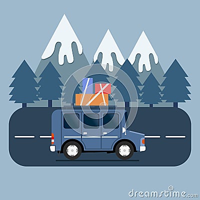 Travel car campsite place landscape. Mountains, trees, fir tree, and road. Vector illustration in flat style. Vector Illustration