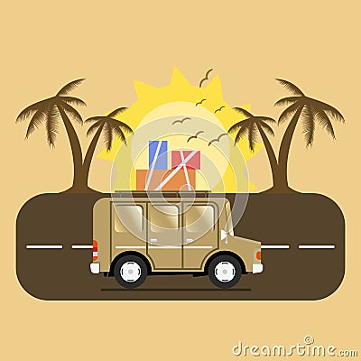 Travel car campsite place landscape. Palm, birds, sun, beach, an Vector Illustration