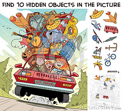 Travel by car on family vacation. Find 10 hidden objects in the picture Vector Illustration