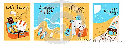 Travel cards. Summer time beach holiday elements, sea vacation accessories, journey banners. Cartoon luggage, ukulele Vector Illustration