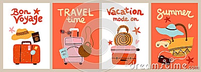 Travel cards. Summer vacation cartoon posters design. Tourist accessories and trip elements. Tropical voyage. Suitcases Vector Illustration